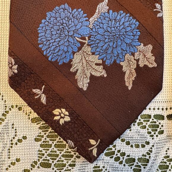 Vintage Gentry Beau Brummell Men's Repp Necktie Brown & Blue Floral Polyester - Picture 3 of 9